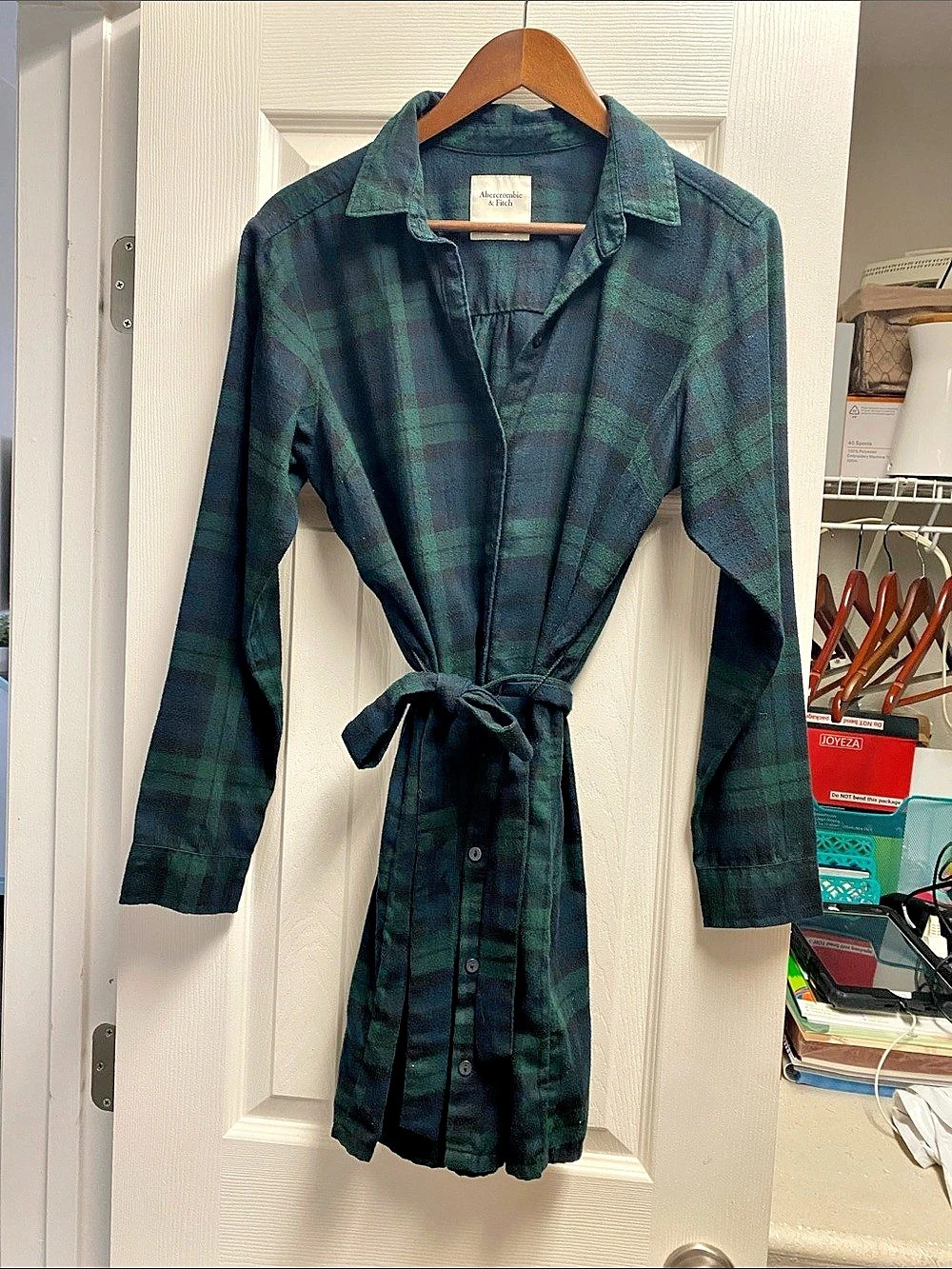 Abercrombie & Fitch Flannel Shirt Dress Plaid Green & Blue Medium